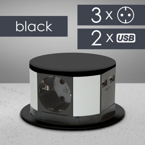 Skrytá prodlužovačka - 3 zásuvky + USB-A + Type-C - Černá