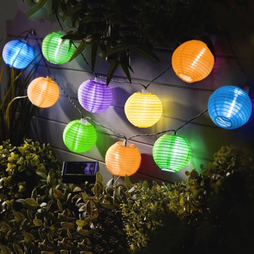 Řetěz ze solárních lampionů – 10 ks barevných lampionů, studená bílá LED – 2,5 m