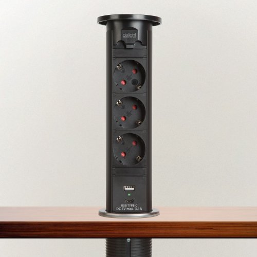 Skrytý prodlužovač se zabudovaným motorem – černý 3 x 250V + USB-A, Type-C