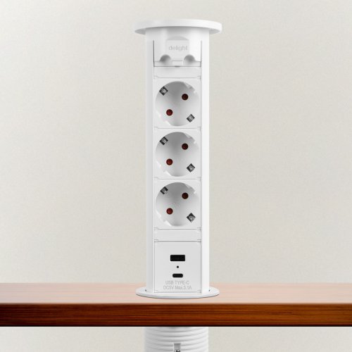 Skrytý prodlužovač se zabudovaným motorem – bílý 3 x 250 V + 2 x USB