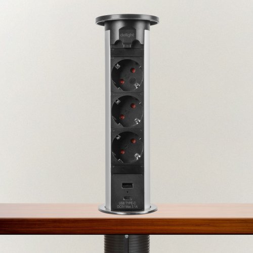 Skrytý prodlužovač se zabudovaným motorem - stříbrný 3 x 250 V + 2 x USB