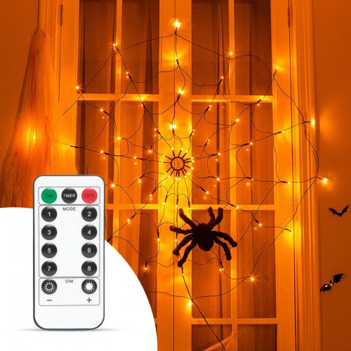 Pavučinová záclona s pavoukem - 60 ks teplých bílých LED - USB