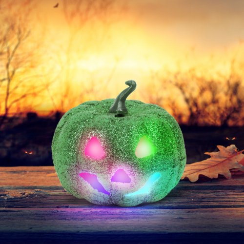 Halloweenská RGB LED dekorace – pěnová dýně – zelená – 11 cm