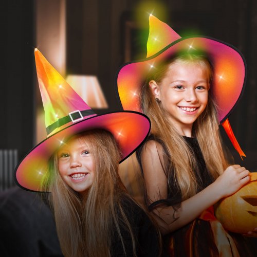 Halloweenský LED čarodějnický klobouk – barevný, polyester – 38 cm