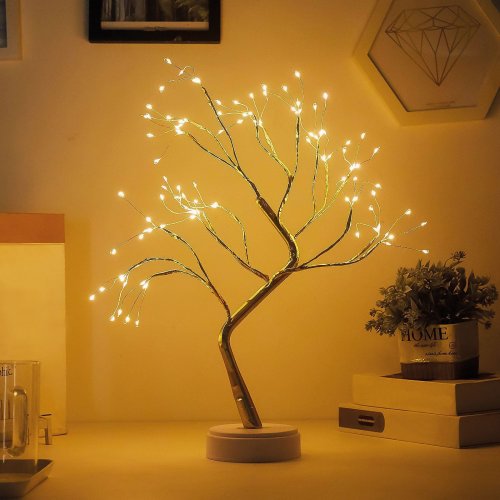 LED dekorace na stůl ve tvaru stromu – teplá bílá – dotyková tlačítka, na baterie