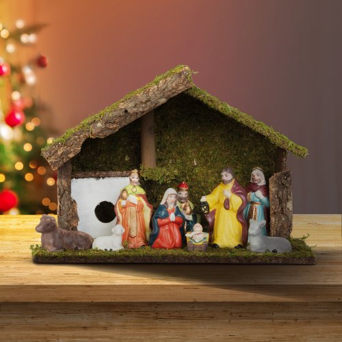 Vánoční dekorace na stůl – Betlém – keramika a dřevo – 30 x 10 x 20 cm