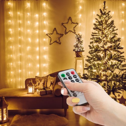 Světelný závěs – 100 ks teplých bílých microLED – 3 x 1 m – 230V – s dálkovým ovladačem