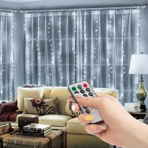 Světelný závěs – 300 ks studených bílých microLED – 3 x 3 m – 230V – s dálkovým ovladačem