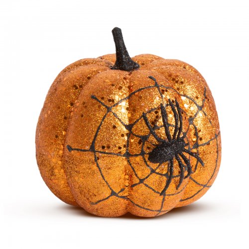 Halloweenská dýňová dekorace - oranžové třpytky - s pavučinou - 15 cm