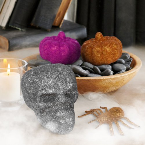 Halloweenská dekorační sada – pavouk, lebka, 2 ks dýní – třpytivé