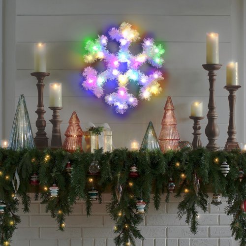 Vánoční dekorace – irizující sněhová vločka s barevnou LED – 32 cm – na baterie