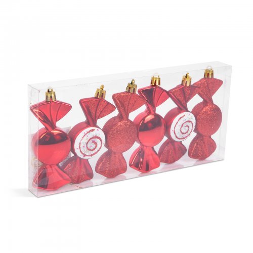 Sada ozdob na vánoční stromek – červený bonbón – 10 x 3,6 cm – 6 ks / balení