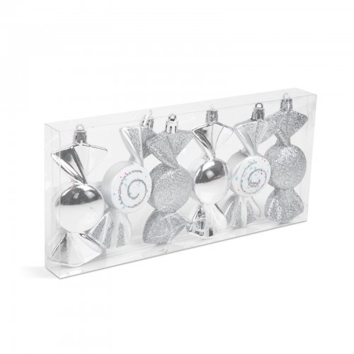 Sada ozdob na vánoční stromek - stříbrný bonbón - 10 x 3,6 cm - 6 ks / balení