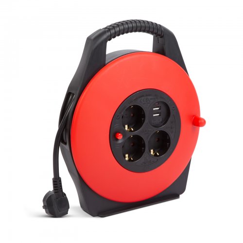 Kabelový buben s plastovým držákem - 3 x 1,5 mm² - 2 x USB - 10 m