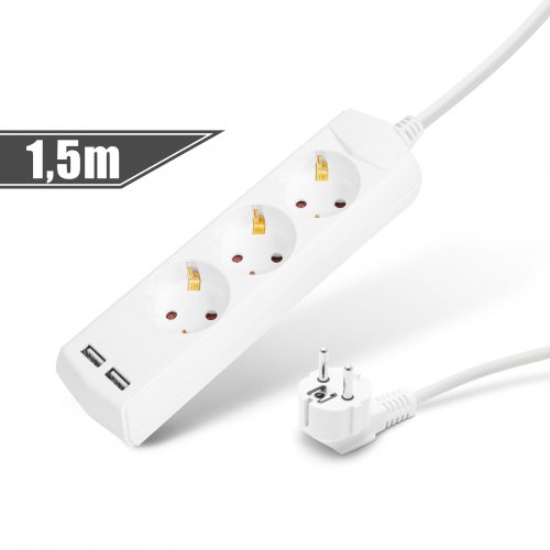 Prodlužovačka se 3 zásuvkami, 3 x 1,5 mm² – 1,5 m – 2 x USB