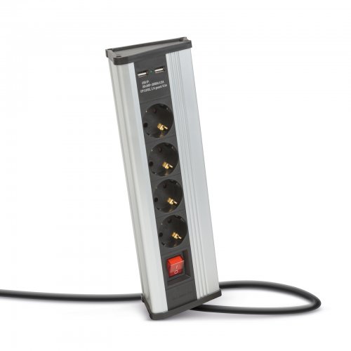 Rohová prodlužovačka – s vypínačem – 4 x 250V, 16A – 2 x USB, 2,1A – hliníkové tělo