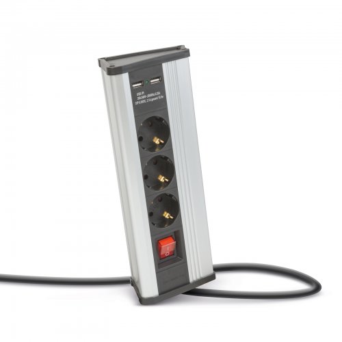 Rohová prodlužovačka – s vypínačem – 3 x 250V, 16A – 2 x USB, 2,1A – hliníkové tělo