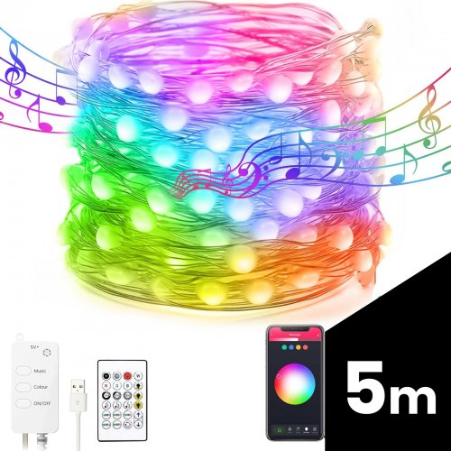Chytrý světelný řetěz - USB - 33 RGB LED - 5 m - Bluetooth
