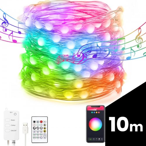 Chytrý světelný řetěz - USB - 66 RGB LED - 10 m - Bluetooth