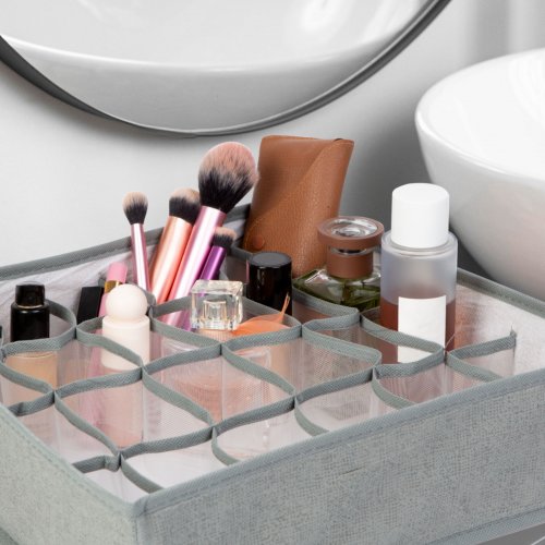 Textilní úložný box – 32 x 32 x 10 cm – 24 kapes – šedý