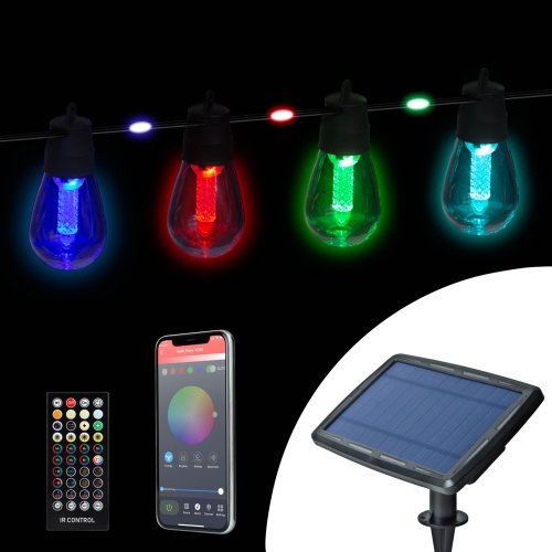 Chytrý solární světelný řetěz – 85 + 15 ks RGB LED – 14,5 m – bluetooth