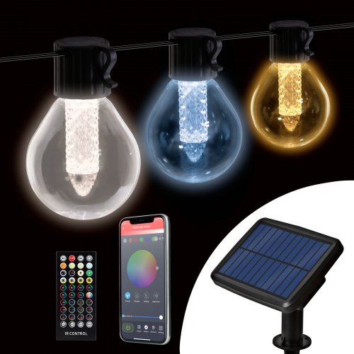 Chytrý solární světelný řetěz – 15 ks bílých LED – nastavitelná barevná teplota – 7,5 m – Bluetooth