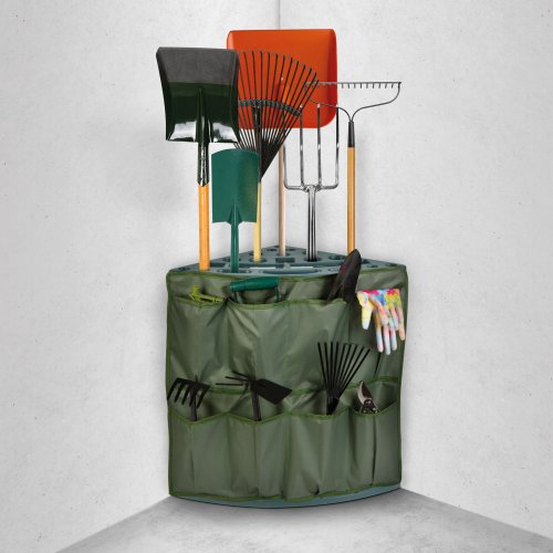 Plastový zahradní držák na nářadí do rohu – připevnitelný na stěnu – 43 x 43 x 59 cm