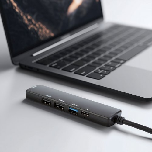 Multifunkční USB rozbočovač – HDMI + Type-C 3.0 – 3xUSB-A, 1xType-C – 5 Gbps, 100 W – černý