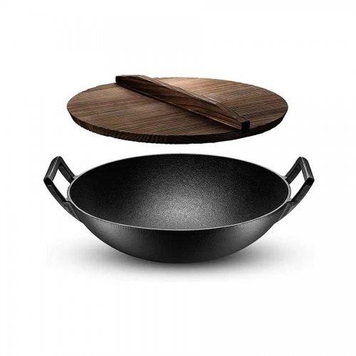 Litinový tradiční čínský wok s dřevěným víkem velký 36,5 cm