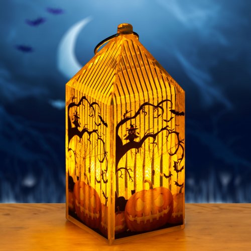 Halloweenská LED lucerna - dýně - oranžová LED - 2 x LR44 - 4 x 4 x 9,5 cm