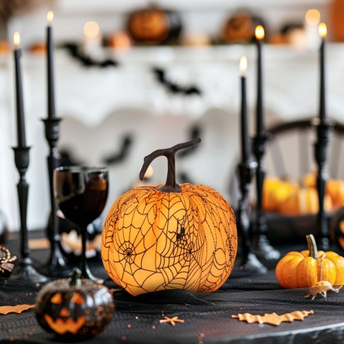 Halloweenská dekorace – dýně – 16,5 cm – oranžová – pavučina – pěna