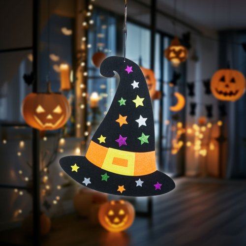 Halloweenská dekorace – čarodějnický klobouk – závěsný – filc – 38 x 33 cm