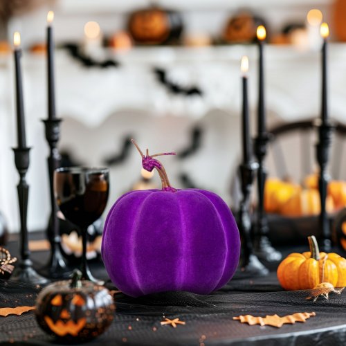Halloweenská dekorace – dýně – 16,5 cm – fialová – pěna – třpytivá