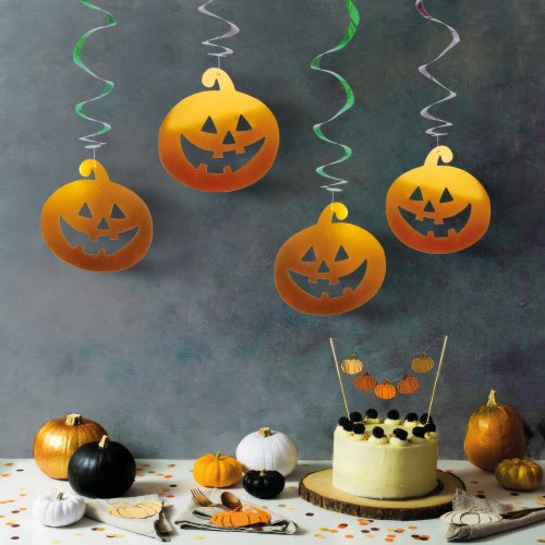 Sada halloweenských dekorací – 12 ks dýní, duchů – lesklá spirála