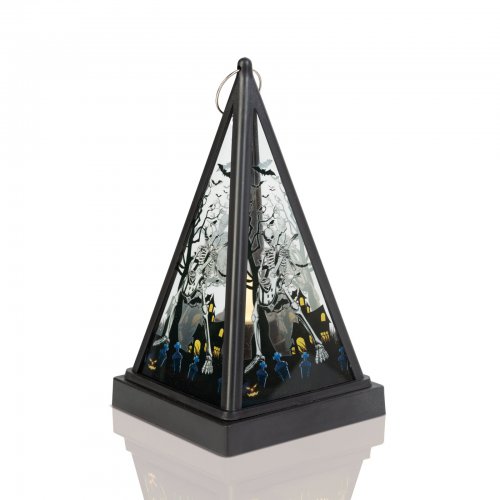 Halloweenská LED lucerna – kostra – teplá bílá – černá – 9,5 x 9,5 x 17 cm – 2 x AAA
