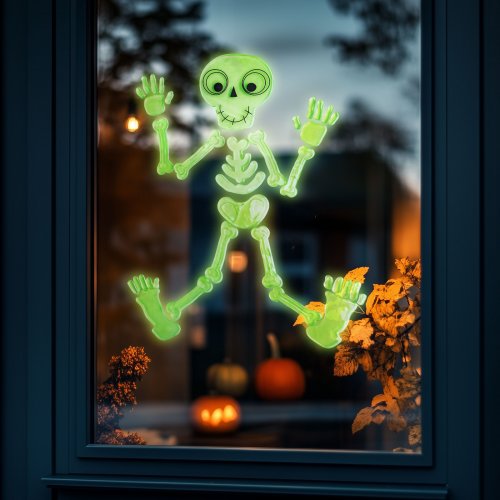 Halloweenská fosforeskující dekorace na okno – kostra – 24 x 15 cm