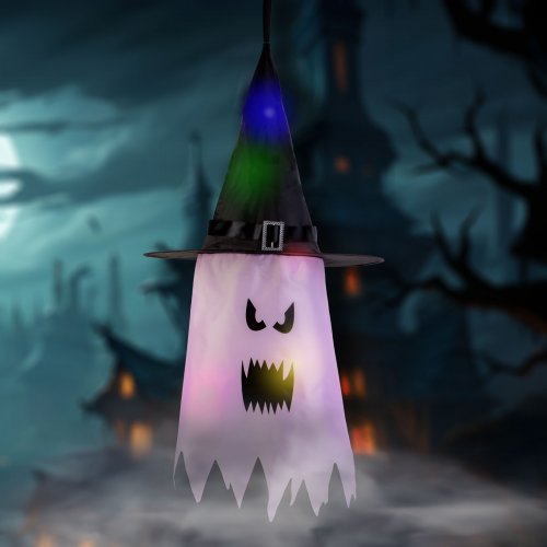 Halloweenská LED dekorace – duch – růžová – 10 barevných LED – závěsná – 2 x 2032 – 75 x 35 cm