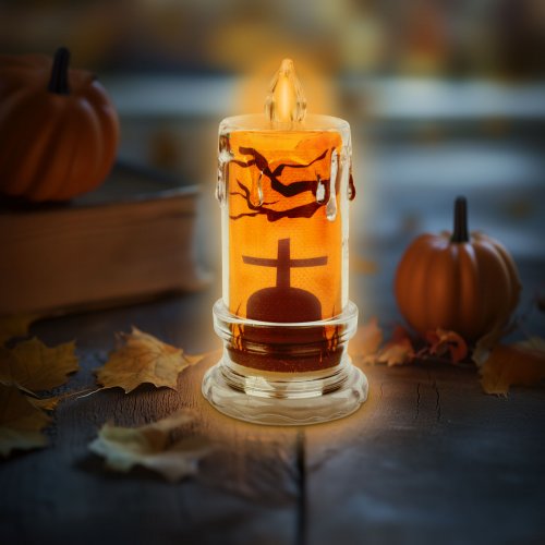 Halloweenská LED svíčka – náhrobní kámen – oranžová LED – 3 x LR1130 – 5 x 5 x 10 cm