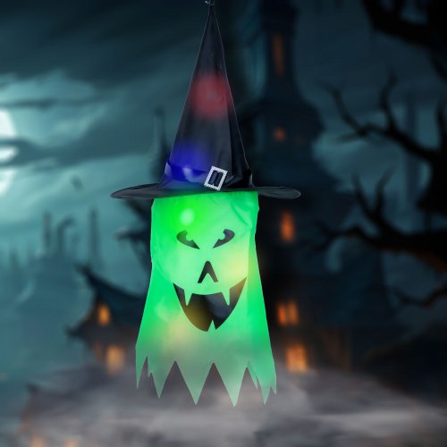 Halloweenská LED dekorace – duch – zelená – 10 barevných LED – závěsná – 2 x 2032 – 75 x 35 cm
