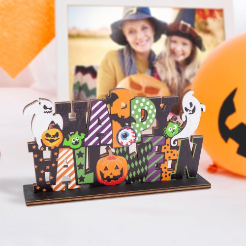Halloweenská dřevěná dekorace na poličku - Happy Halloween" - 17 x 10 x 4 cm
