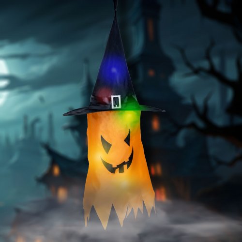 Halloweenská LED dekorace – duch – žlutá – 10 barevných LED – závěsná – 2 x 2032 – 75 x 35 cm