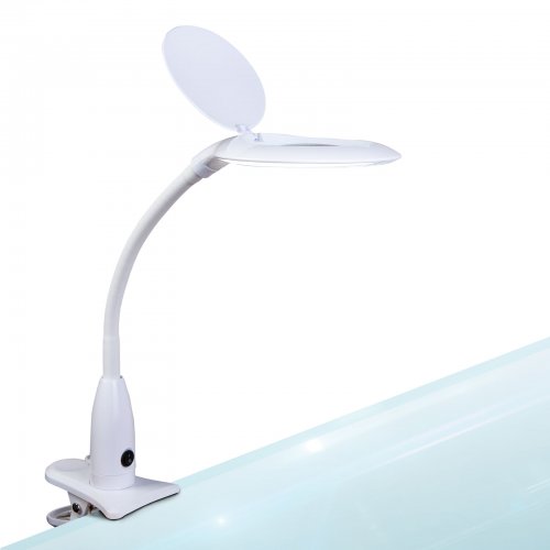 LED lampa na stůl – s lupou – se svorkou – bílá