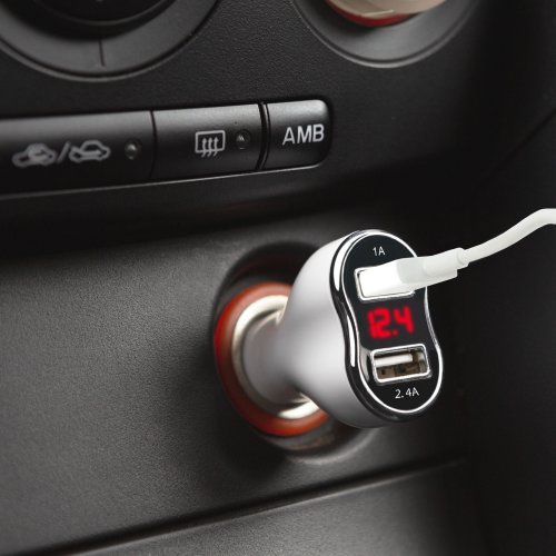 Adaptér do autozapalovače s dvojitým USB portem, s měřením napětí a proudu – bílá