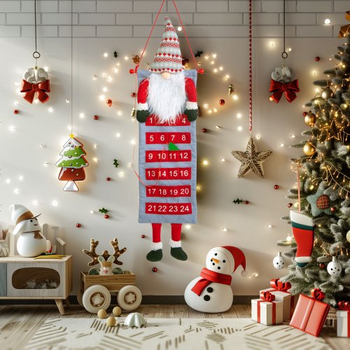 Nástěnný adventní kalendář – 3D skandinávský skřítek – textil – 100 x 28 cm