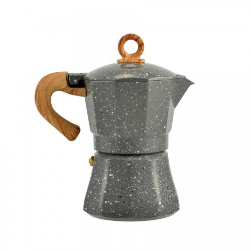Kávovar na espresso pro 3 osoby, šedý, s rukojetí v imitaci dřeva