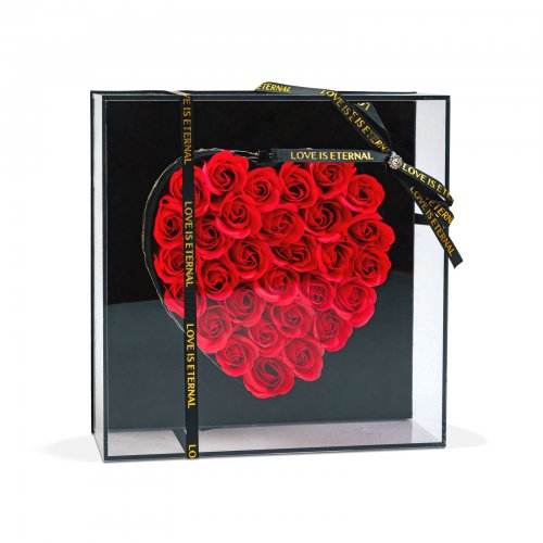Umělé růže ve tvaru srdce v dárkové krabičce - LED - 29 x 29 x 6,2 cm