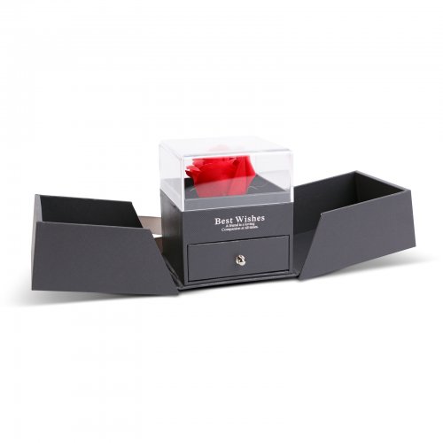 Věčná růže v otevírací dárkové krabičce s náhrdelníkem – 10,2 x 9,8 x 11 cm – černá