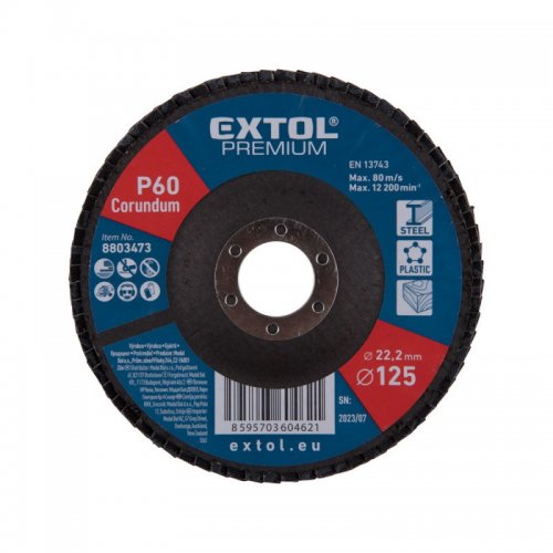EXTOL PREMIUM lamelový brusný kotouč na broušení oceli, hliníku, plastu a dřeva, 125×22 mm; P40, kuželový, max.: 12 300 ot./min, E