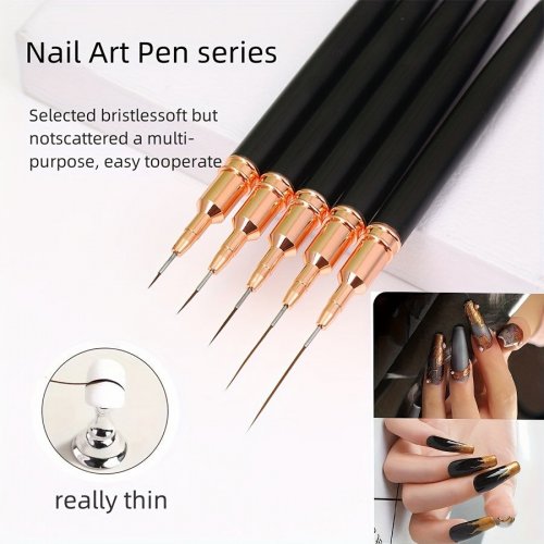 5 ks růžových/černých štětců na Nail Art – dlouhé štětce pro detailní zdobení nehtů, ideální pro gelovou manikúru a jemné vzory