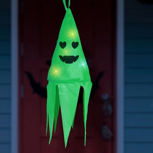 Halloween osvětlená dekorace – duch – zelená – 10 barevných LED – zavěsitelná – 2 x 2032 – 75x20 cm